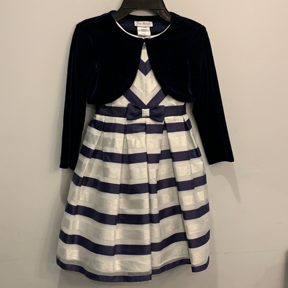 Jona Michelle Girls Silver & Blue Dress with matching bolero jacket Size 5 - Picture 1 of 10